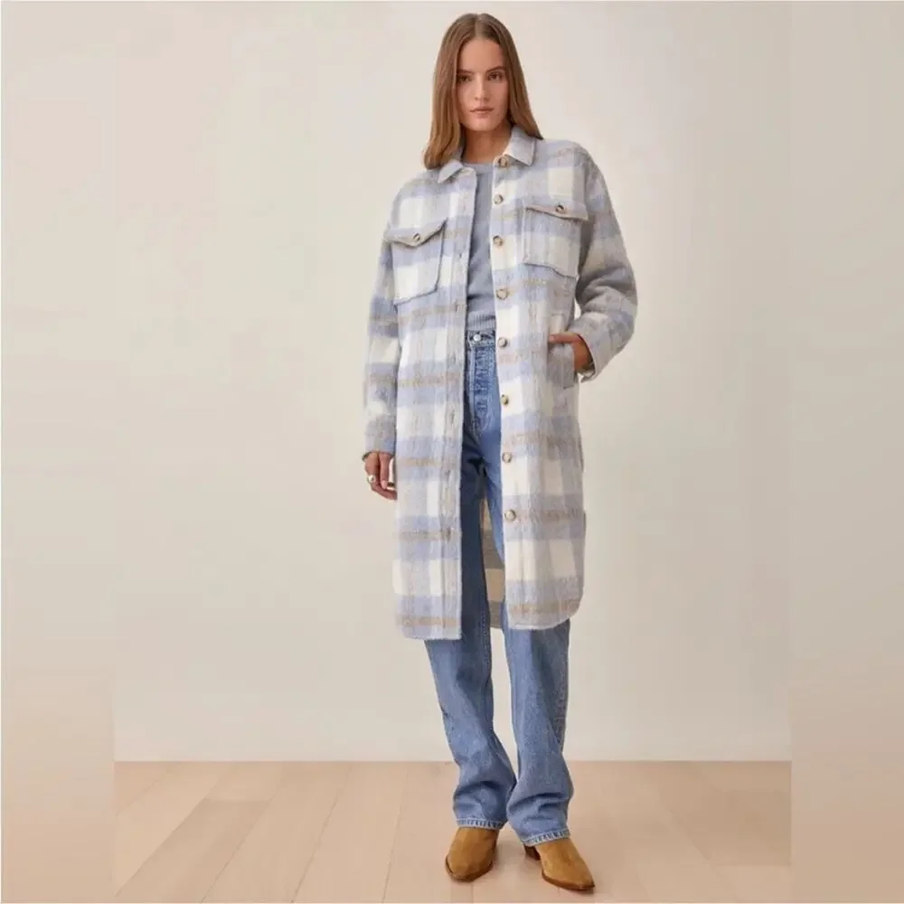 Reformation Ainslie Button Up Flannel Oversized Jacket Light Blue White Plaid L - Picture 11 of 12